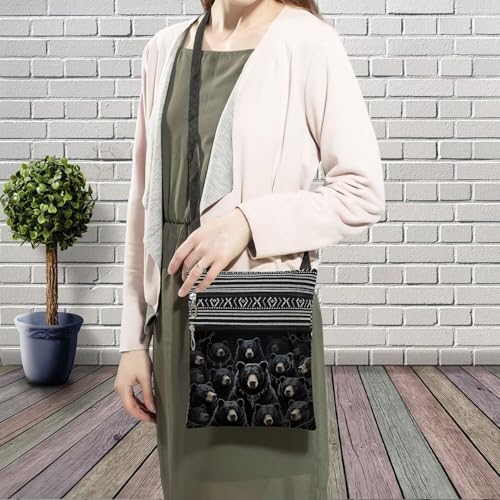 Black Bear Messenger Bag Small Ethnic Pattern Adjustable Strap Crossbody Zipper Pouch Gothic Black Bear Phone Organizer Wallet Cute Shoulder Handbag for Women Friends-23