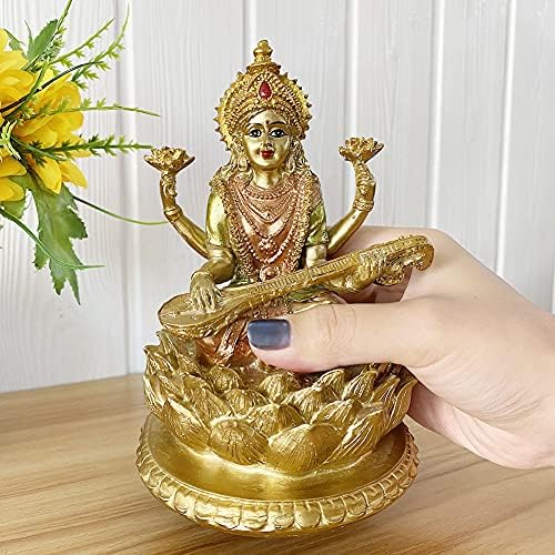 Hindu Goddess Lord Saraswati Statue - 6.3"H Indian Idol Saraswati Sitting on Lotus Sculpture India God Figurine Home Mandir Temple Altar Yoga Decor Diwali Pooja Gifts