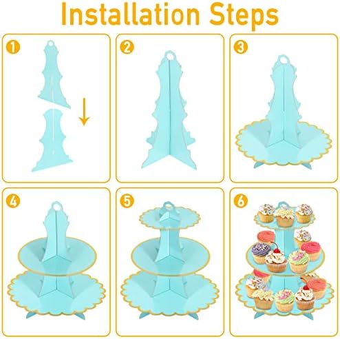 2 Pack Blue Cake Stand Cardboard Cupcake Stand 3 Tier Cupcake Cardboard Cake Stands for Afternoon Tea Cake Stand Cardboard 3 Tier Cake Stand 3 Tier Stands for Birthday,Wedding,Mother's Day,Baby Shower