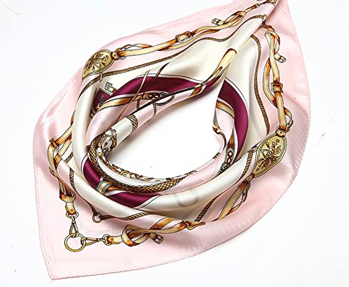 Jerla Women's Men's Small Square 100% Real Mulberry Silk Satin Scarfs Hair Head Face Scarf 21" X 21" (Classic Pink Chain) #TOP4