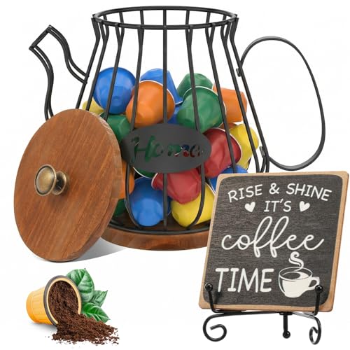 Coffee Pod Holder with Lid and Handle Large Capacity Snack Holder Organizer for Counter Coffee Bar Accessory Decor Station for Pod Espresso Capsule Creamer