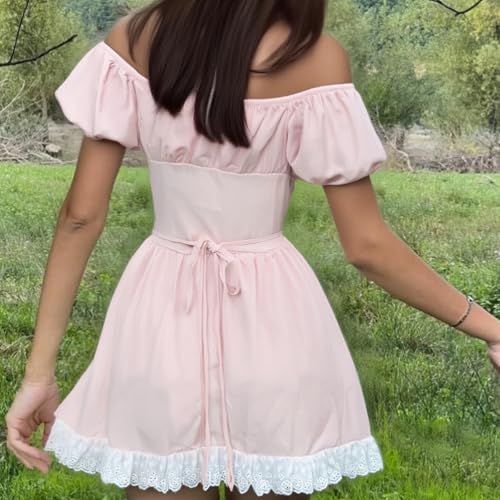 Image of Women Y2k Puff Sleeve Babydoll Dresses Square Neck Tie Back Mini Dress Summer Solid Off Shoulder Flowy Sundress