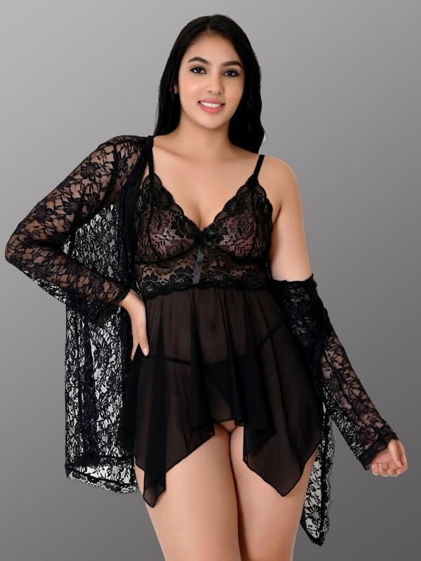 Image of Net Lace Spandex Women Babydoll Nightgown Honeymoon Lingerie Nighty