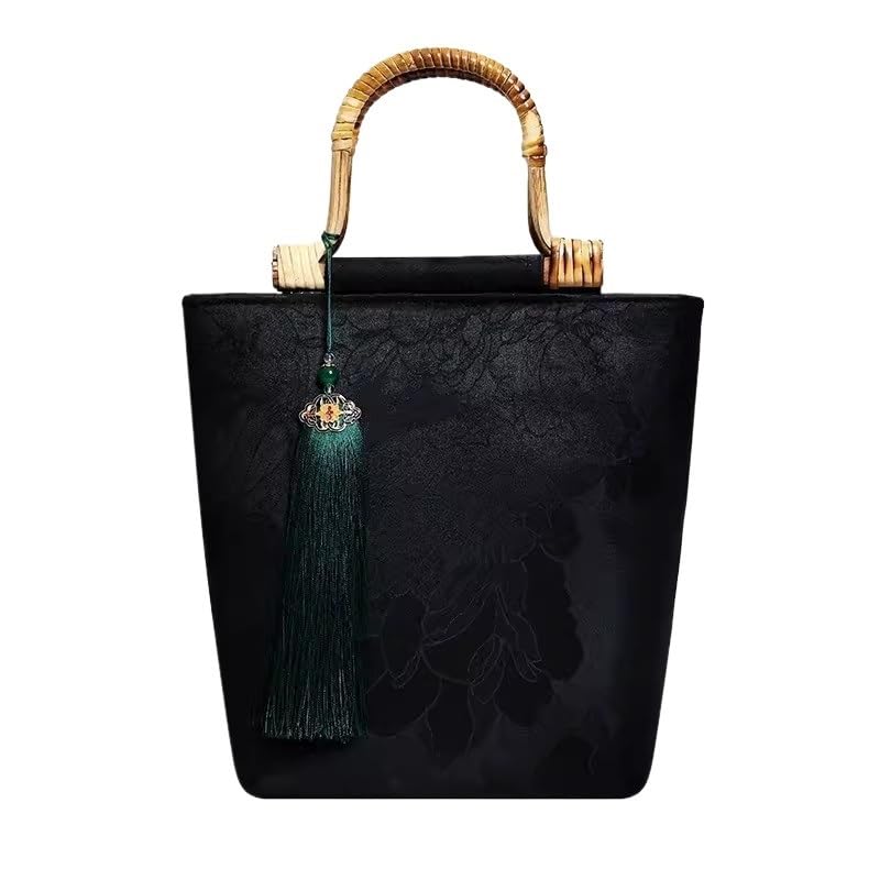 New Large Capacity New Chinese Fragrant Cloud Yarn Vintage Style Qipao Handheld Bag, Black