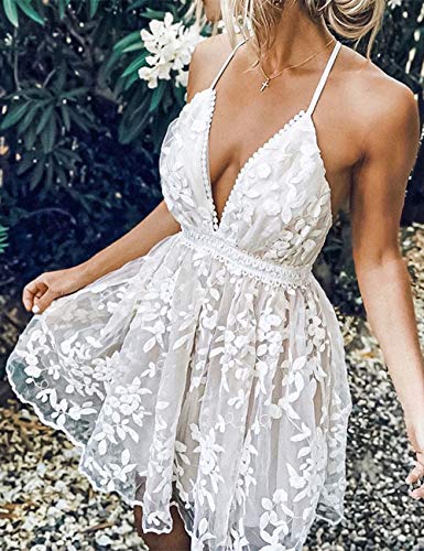 Image of Women's V-Neck Spaghetti Strap Floral Backless Sleeveless Lace Mini Flowy Swing Skater Dress