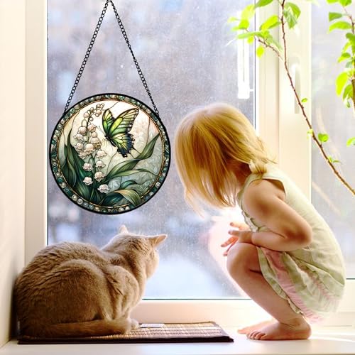 Image of DASTOLL Stained Glass Window Hanging, Lily of the Valley Flower Butterfly Suncatcher for Doors Home Sun Catchers Decoration and Christmas, Mother's Day Birthday Gifts for Women, Men, Mom 11.8x11.8 in