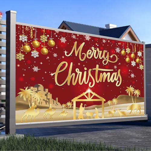 Image of Red Jesus Christmas Backdrop 9x6FT Gold Glitter Sparkle Snowflake Merry Christmas Banner Background for New Year Family Gathering Winter Holiday Xmas Party Supplies (108x72 inch)