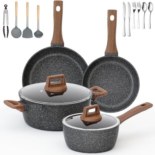 Opiniones de Tapas de sartenes para saltear para comprar online. 50 ECHIGOYA Batería de Cocina Antiadherente, Juego de Sartenes y Ollas 20cm y 24cm, con Tapas de Vidrio, Espátulas de Silicona y Cubiertos, Ideal para Freír, Hervir y Saltear...