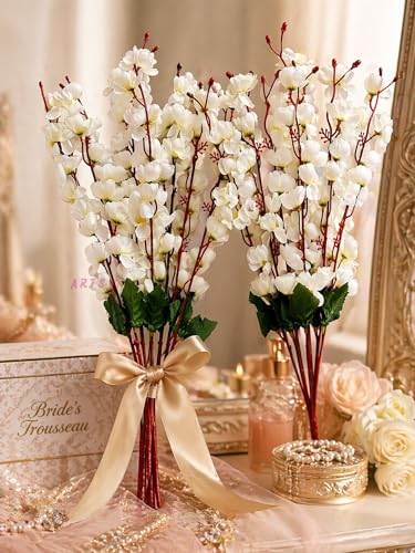 Image of ARTSY Artificial Flowers Bunch for Decoration Cherry Blossom, Ideal for vase, Home, Office Decor, Gifts, Craft, Without vase, White, Combo, 2 Piece, 55 cm Height,Polyester |