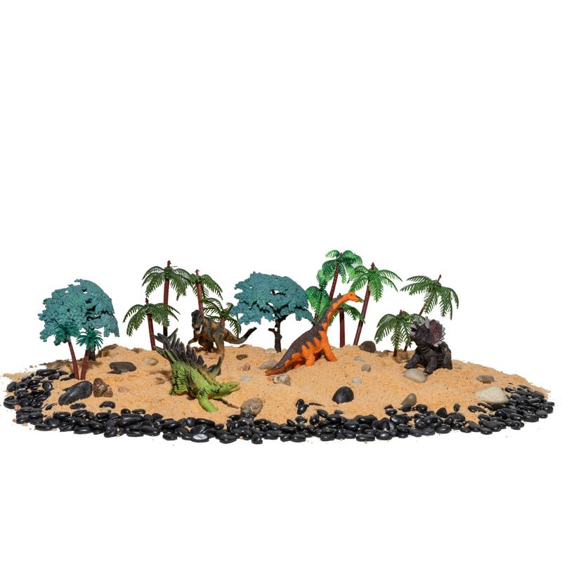 Sensory Bins Jurassic Jungle Dinasour Sensory Safari Toy for Kids | 4 Unique Dinasours | Blisful Taste Safe Kinectic Dirt | Assorted Stones | 10 Assorted Trees for Kid
