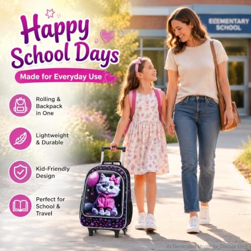 Image of CCJPX 3Pcs Cat Rolling Backpack for Girls, 18 inch Kids Wheeled Bookbag with Lunch Box, Lightweight Roller School Bag for Elementary Preschool (Black)