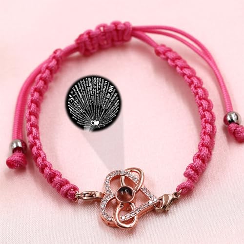Image of 100 Languages I Love You Bracelet Necklace Heart Projection Bracelets Adjustable Braided Rope Friendship Love Gifts for Mom Best Friends