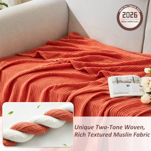 Image of EMME Muslin Cotton Blanket Adults Heather Orange Rust Throw XL 50 inchx70 inch