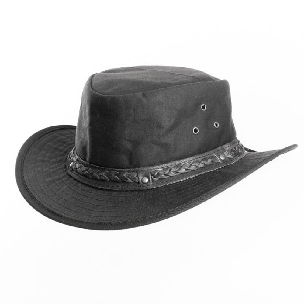 The Hat Company Oil Skin Wax Cotton Fedora with Braided Leather Trim (UK, Numeric, 7, Black)