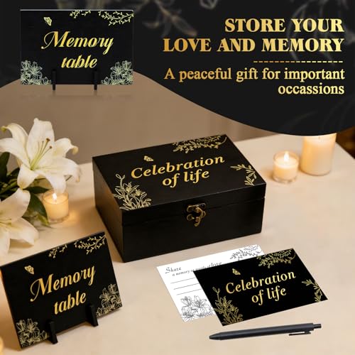 Image of Celebration of Life Memory Box Set with 100Pcs Share a Memory Cards for Funeral and 6 Pens, 2 Wood Sign, Memorial Decorations for Funeral Favors, Elegant Funeral Memory Box for Memorial Service