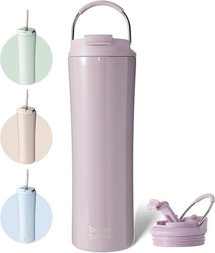 Miniatura 1 de BOTTLE BOTTLE Botella de agua aislada para café con tapa de doble uso y pajita, taza de café de viaje de doble pared para mujer y hombre, vaso de