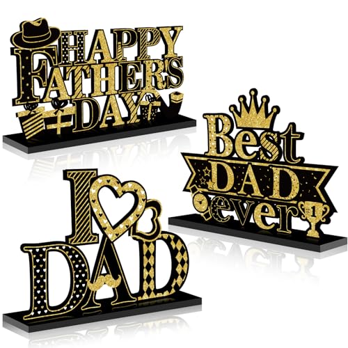 Fathers Day Table Decorations Happy Father's Day Wooden Sign Black Gold Father's Day Party Centerpieces Best Dad Ever Wood Tiered Tray Decor for Father's Gift Party Decor