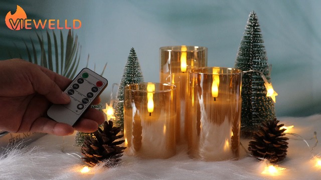 Image of VIEWELLD Gold Glass Flameless Candles with Remote and Timer, Battery Operated Candles, LED Pillar Candles, Electric Fake Candles for Home Festival Party Decor.