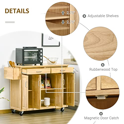 Homcom Kitchen Island On Wheels, Natural Hardwood Kitchen Cart With Drawers, Storage Cabinets, And Tool Caddy, Microwave Cart For Dining Room, 54 Inches Wide #TOP4