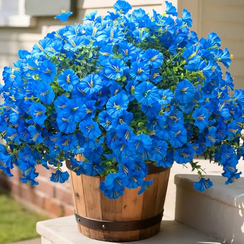 Grunyia UV Resistant Artificial Morning Glory Flowers - 16 Bundles Blue Faux Plastic Fake Plants with Eucalyptus for Outdoor Indoor Porch Patio Planter Window Box Garden Home Decor