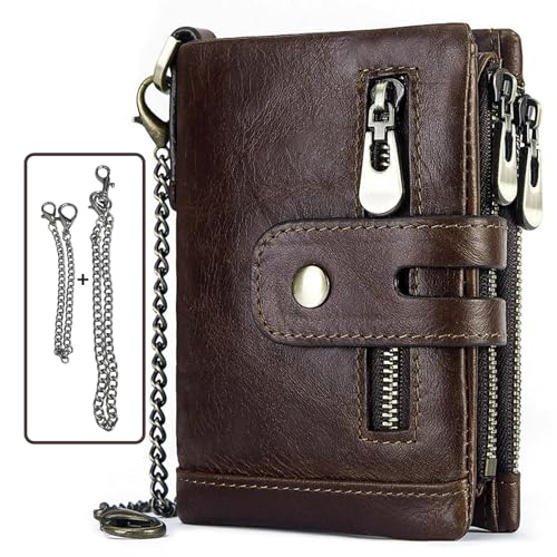 CRFASIBE Wallet for Men Chain Wallet Biker Wallet Goth Wallet Cool Wallets Anti Theft Wallet Trifold Wallet Genuine Leather Purse, Bronze, Wallet With Chain