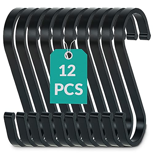 Praknu 12 Ganchos en S Planos de Acero Inoxidable Negros - Pequeños 8cm - Soportan hasta 25kg - Gancho en Forma de S para Colgar