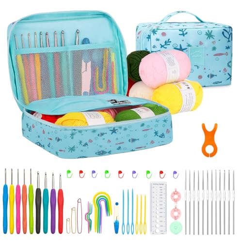 Image of KRENZ 59 Pcs Premium Crochet Kit for Beginners with Soft Colorful Yarn, Wool Crochet Set, Ergonomic Crochet Hooks Set, Knitting Tools, Storage Travel Bag, DIY Knitting Craft Gift Set for Girls
