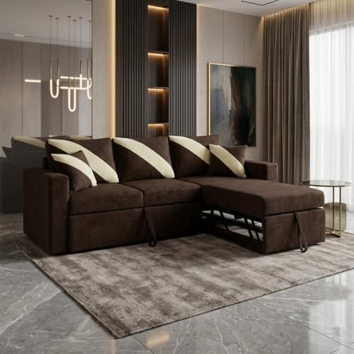 Image of FURNY Trivia 4 Seater RHS Lounger Sofa Cum Bed (Dark Brown) with Pull-Out Function | Luxury Velvet Suede Finish | Durable Comfort | Ideal for Living Room