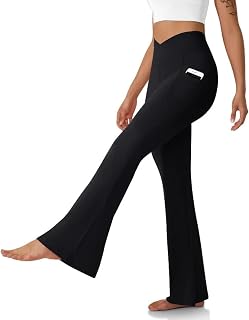 DLOODA Women's Flare Leggings with Pockets - Crossover High Waist Bootcut Yoga Pants Tummy Control Bell Bottoms