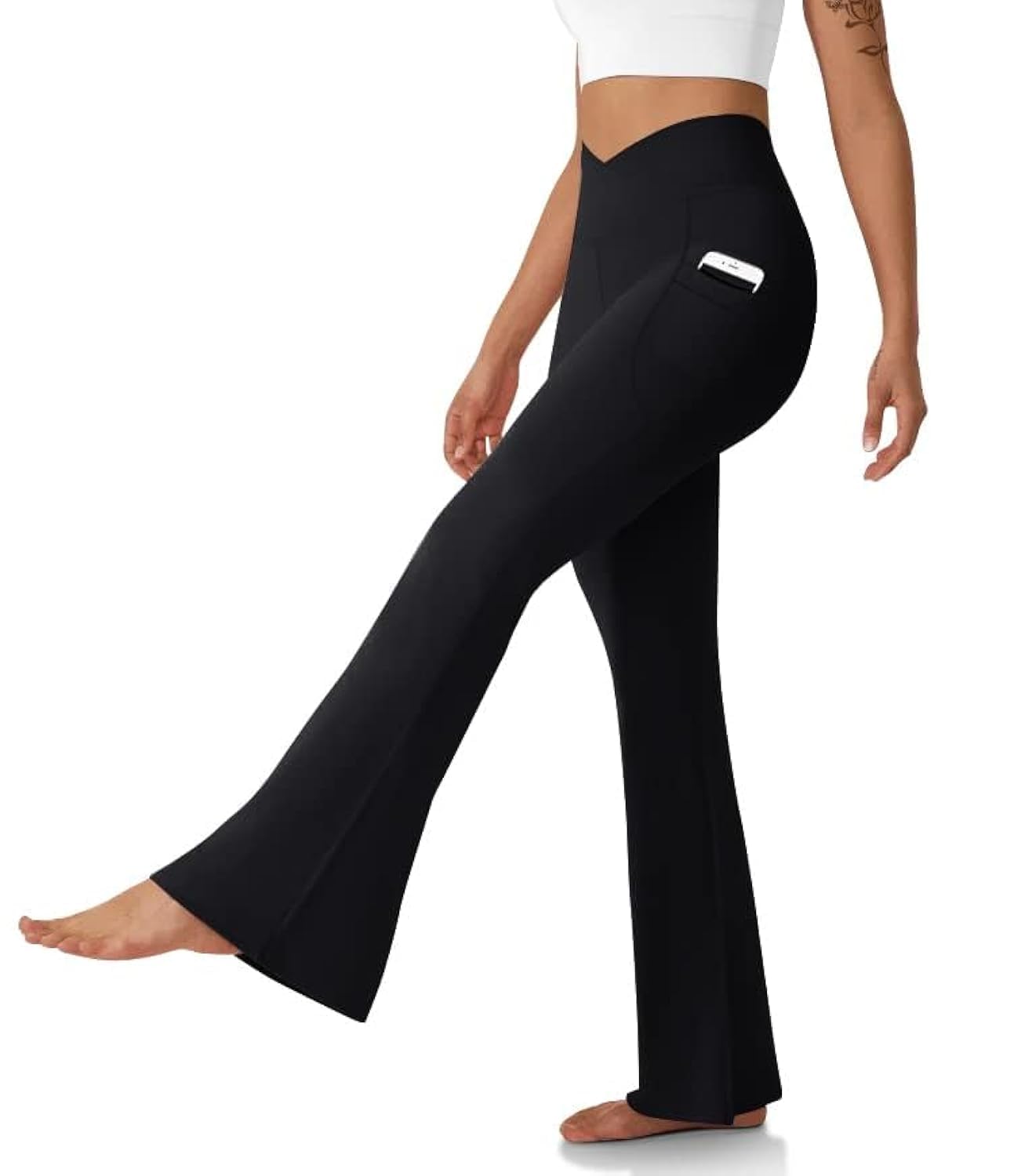 Womens Flare Leggings with Pockets Crossover High Waisted Bootcut Yoga Pants Tummy Control Bell Bottom Leggings