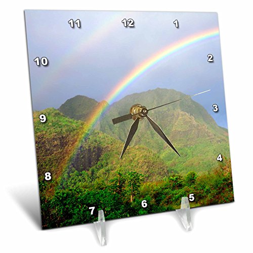3dRose dc_210319_1 USA, Hawaii, Kauai Hawaiian Rainbow Desk Clock, 6 by 6"