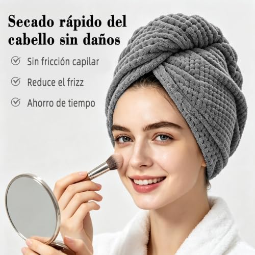 Miniatura 5 de Freatech 3 Piezas Toalla Microfibra Pelo, Toallas Para Secar El Pelo Sin Encrespamiento, Menos Secado Con Secador, Turbante Pelo Suave Y Absorbente Con 3 Botones Para Cabello Largo, Rizado Y Grueso