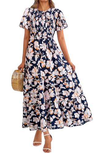 Image of PRETTYGARDEN Women's 2026 Summer Casual Flutter Short Sleeve Boho Floral Maxi Dress Crew Neck Smocked Tiered Long Dresses