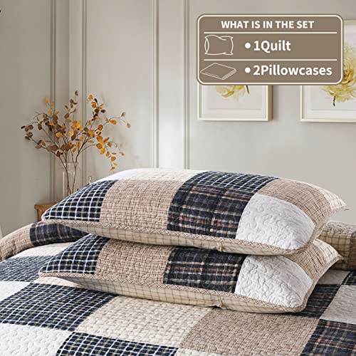 Kaloola King Quilt Sets, Cotton Quilt King Size, Real Patchwork Quilt Bedding Set Bedspread, Tan Brown Beige Quilt For King Bed, Farmhouse Rustic Lightweight Plaid Quilt, 3 Pieces #TOP4