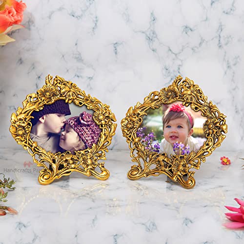 Image of Handicrafts Paradise Photo Frame Pair Antique Golden Floral Motif In Metal 9.5 X 9.5 Inch