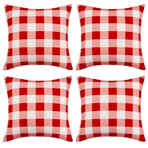 3E Home Red Gingham Outdoor Cushion Covers 45 x 45cm Set of 4,Red and White Checkered Spillproof Decorative Throw Pillow Covers Furniture Pillowcases for Garden Patio Balcony Bench Sofa