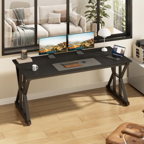 Image of 55 inch Large Computer Desk with Thickened Frame for Home Office, Living Room | Modern Simple Executive Desk, Larger Gaming Desk with X-Shaped ReInchforcement, Black