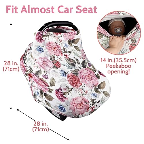 Image of Breathable Car Seat Cover for Babies, Multi-use Cover Carseat Canopy, Soft Breastfeeding Cover, Car Seat Covers for Bbies, Boys & Girls Shower Gift, Peony