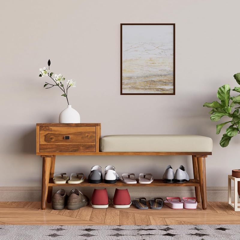 Image of VK Furniture Solid Sheesham Wood Shoe Rack with 1 Drawer Storage | Wooden Large Size Shoe Cabinet with Cushion Seating for Home, Living Room, Hotel, Enteryway (Honey Finish)