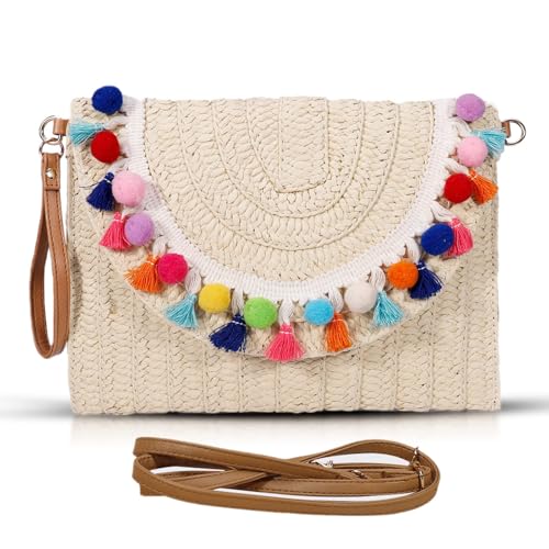 Image of Clutch Purses for Women, Straw Beach Bag, Colorful fur balls and tassels Envelope Package, Bohemian Summer Handbags for Vacation, Travel