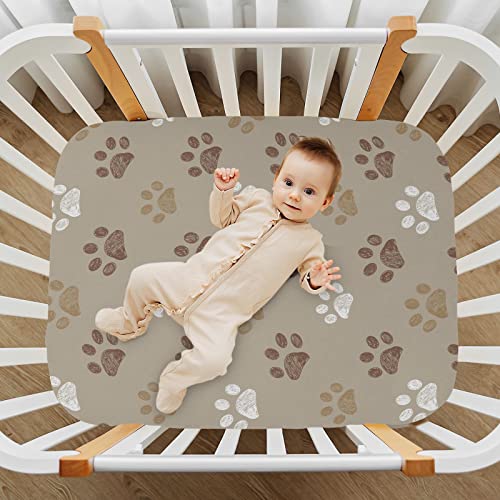 Image of Fitted Crib Sheets Brown Dog Paws Stretchy Portable Playard Sheets for Baby Toddler, Breathable Soft Mini Crib Mattress 39 x 27 in for Boys and Girls