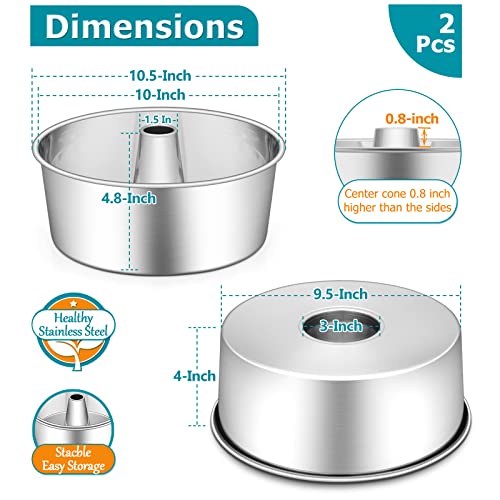 Image of E-far Angel Food Cake Pan Set of 2, 10-Inch Stainless Steel Tube Pan for Baking Pound Chiffon Cake, One-piece Design & Non-toxic, Dishwasher Safe
