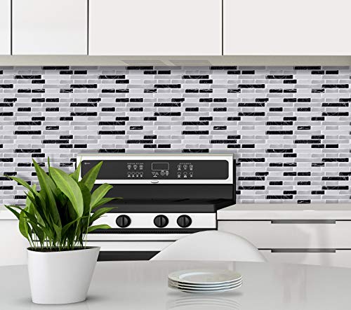 Peel And Stick Tile For Kitchen & Bathroom Backsplash, Dyi Self Adhesive Decorative Wall Tile Black Marble, White, Silver, Gray, Shine Design 8-Sheet Set 11"X9.25" #TOP1