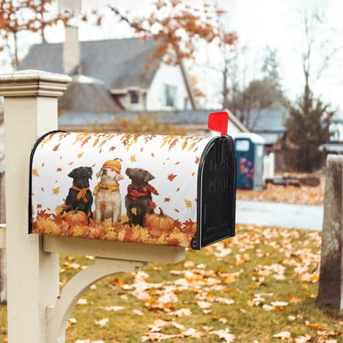 Image of Fall Dog Mailbox Cover Magnetic Large Size Autumn Themed Pumpkins Maple Leaves Puppy Print Mailbox Wrap Letter Post Cover 25.5x21Inch for Garden Yard Outside Outdoor Seasonal Decor