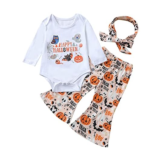 BemeyourBBs 0-24 månader baby flickor halloween kläder långärmad sparkdräkt + utsvängda byxor + pannband småbarn flickor kläder set, Vitt, 6-12 Månader