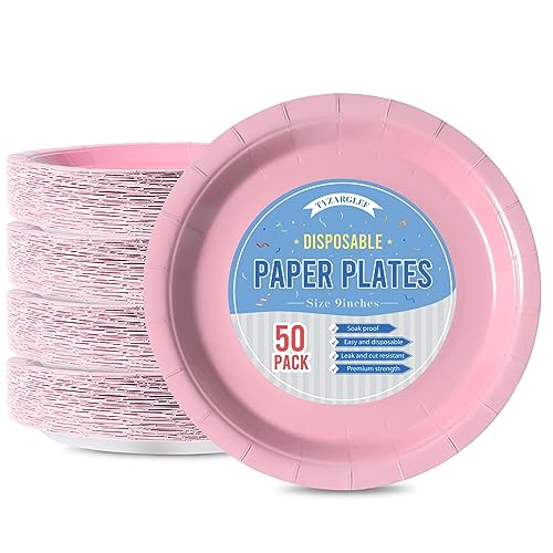 Image of Pink Disposable Paper Plates, 9 Inch Dinner Party Plates, 50 Count Bulk