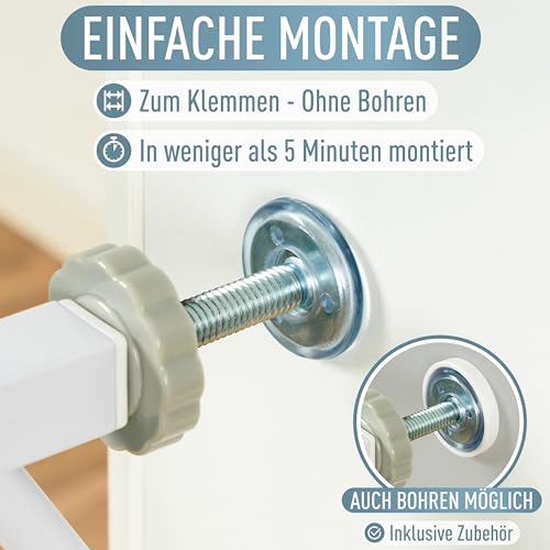 IB STYLE Türschutzgitter Berrin 67-75 cm - Treppenschutzgitter für Babys, Kleinkinder, aus Metall, Ohne Bohren, Weiß Grau