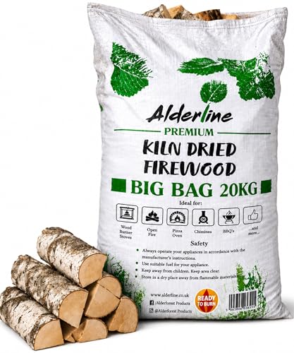 Alderline Premium Kiln Dried Birch Hardwood Logs 20kg - Ready to Burn Certified Firewood Smokeless fire logs for wood burners Stoves Fire Pits