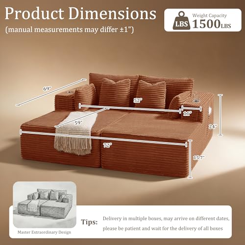 Image of 72 inch Cloud Sectional Couch, Comfort Sleep Sofa for Living Room, Extra Deep Seats No Assembly, Minimalist Modular Couch, Corduroy (Deep Orange, Loveseat Chaise)