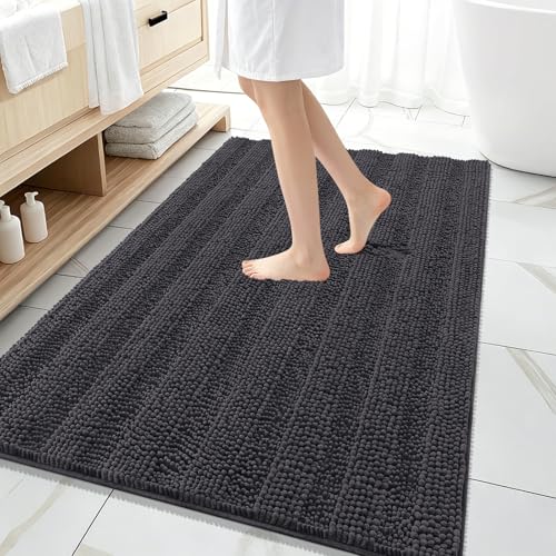 Image of OLANLY Thick Large Bathroom Rugs 59x35, Extra Soft Absorbent Chenille Striped Bath Rugs, Rubber Backing, Machine Wash, Bath Mats for Bathroom Floor, Tub and Shower, Home Decor Accessories, Dark Grey